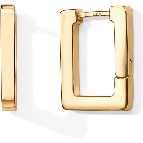 Women Gold Plated Sterling Silver Post Square Geometric Rectangle Hoop Earring - Picture 1 of 6